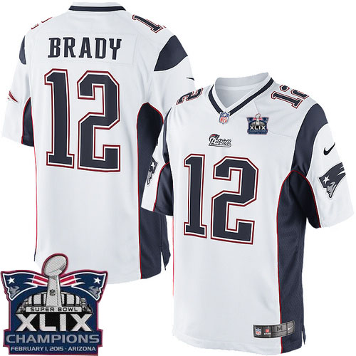 Youth Elite Tom Brady Super Bowl XLIX Champions Nike Jersey White Road - #12 NFL New England Patriots